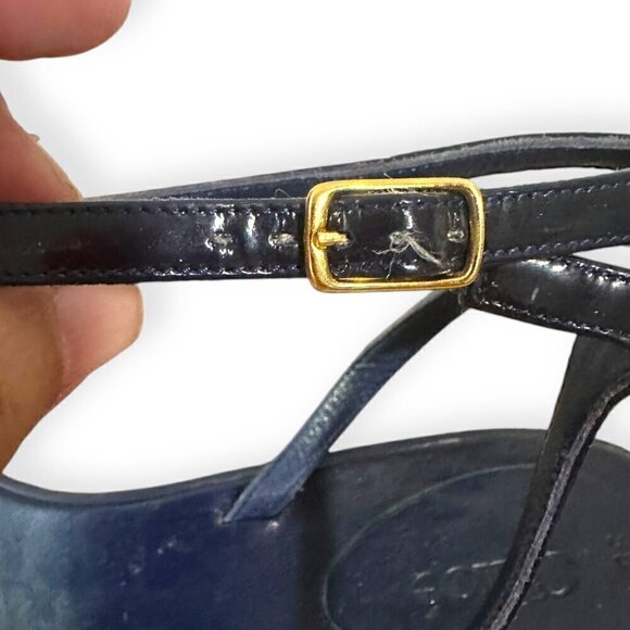 Chloe Rubber Wedge Ankle Strap Patent Sandals. Navy blue, Size 38.5 EU - Picture 10 of 16